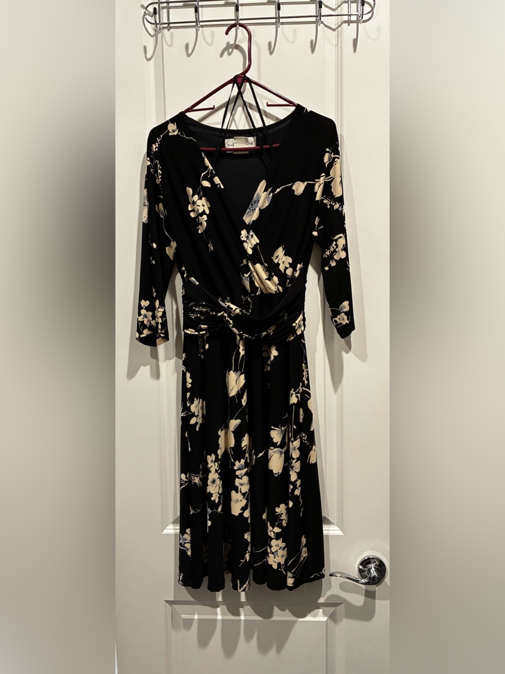 Evan-Picone Vintage Black Floral Wrap 3/4 Sleeve Dress Size 10